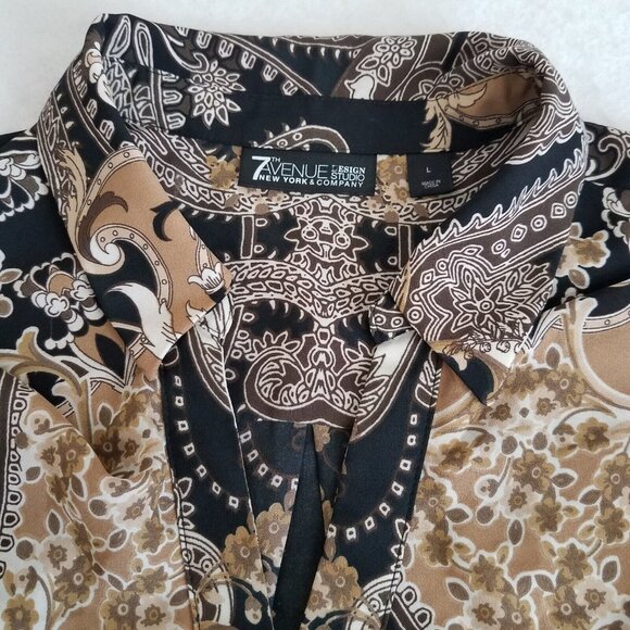 7th Avenue Paisley Blouse LARGE Black Brown Tan Pink Ruffle Button Front V Neck  - Picture 12 of 15